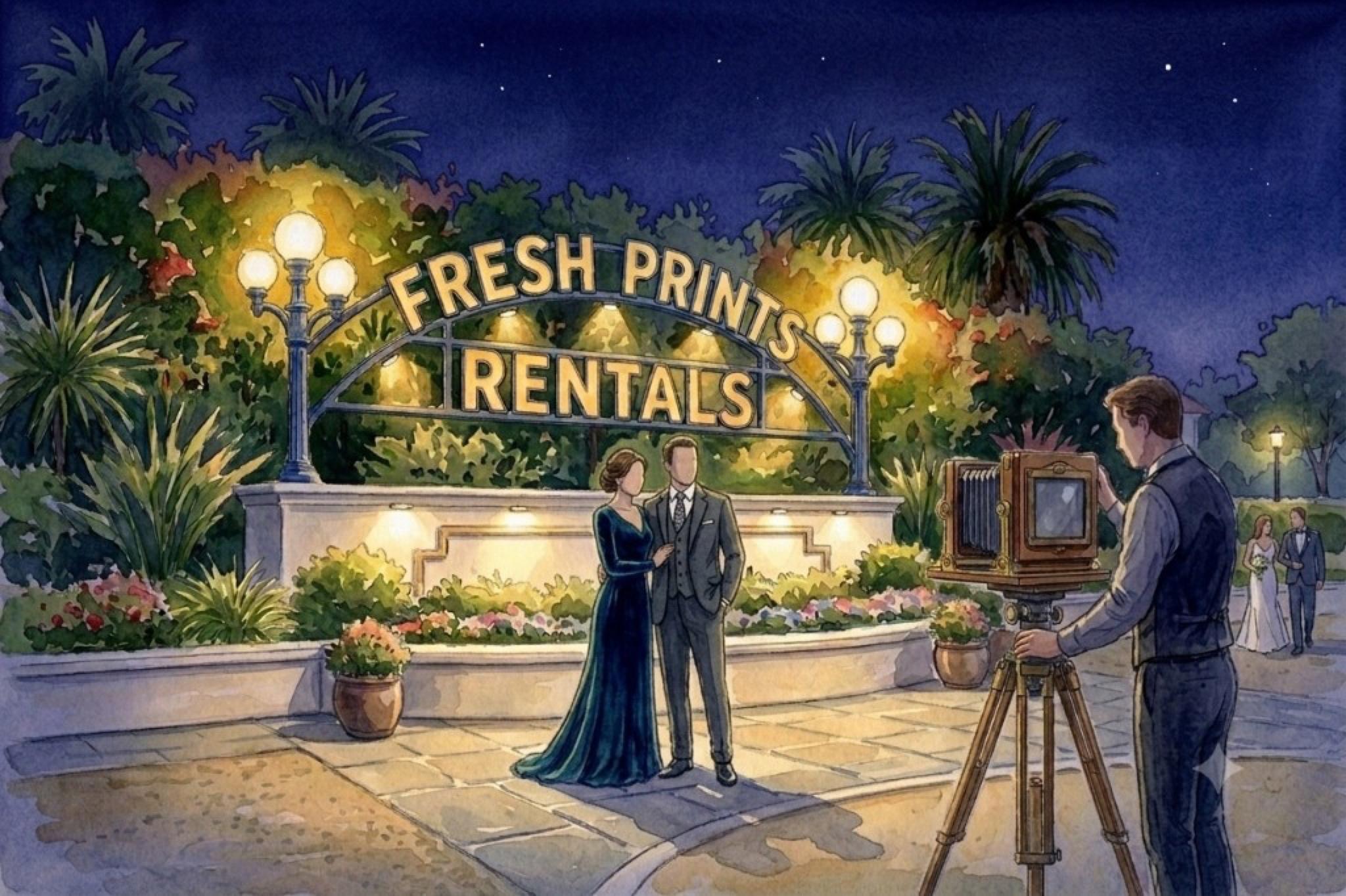 Fresh Prints Rentals — evening watercolor with the illuminated boutique sign